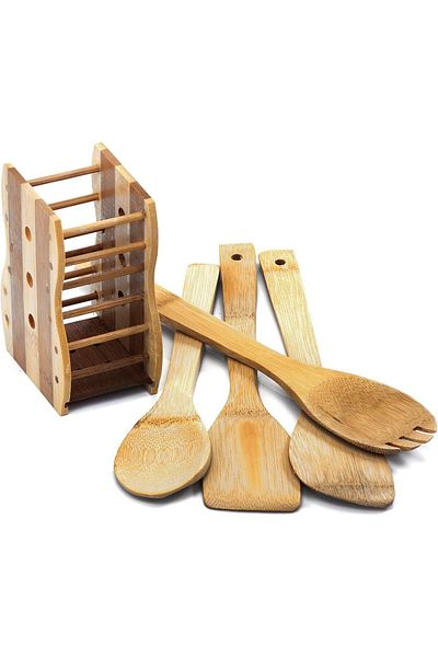 Generic Al Madina ALSAQER-Organic Bamboo 5 Peice Kitchen Tool Set-Spatula,Turner,Slotted Turner,Serving Spo