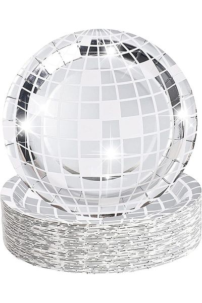 Generic Tazweeq 25 Pieces Disco Plates,70's Silver Disco Ball Plates Party Supplies,Disposable Paper Plates