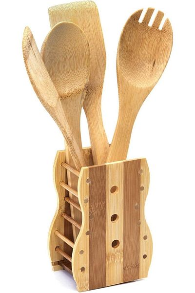 Generic Al Madina ALSAQER-Organic Bamboo 5 Peice Kitchen Tool Set-Spatula,Turner,Slotted Turner,Serving Spo