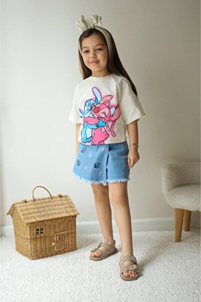 KOKOŞ BEBEK Stitch Themed Shorts Skirt Jeans Set |   Between 3/4 Years