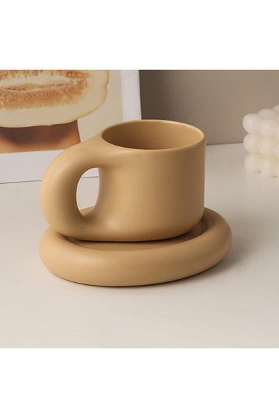 Generic pyebe Ceramic Coffee Chubby Mug Saucer Set, Creative Cute Fat Handle Cup with Saucer for Office and