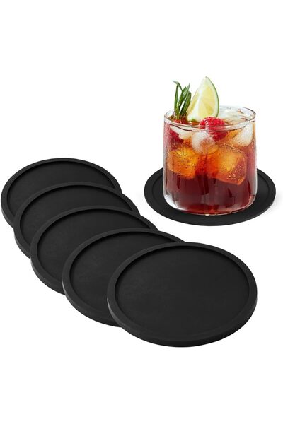Generic Coasters Set of 6 Black Silicone Coasters 10CM Non-Slip with Anti Spi...