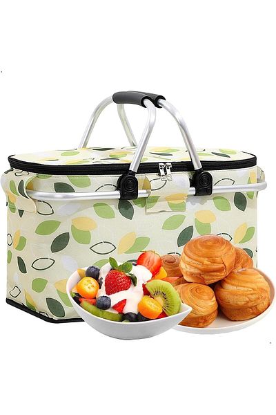 Generic Joyzzz Insulated Picnic Basket, Large-Capacity, Portable & Collapsible, Spotted Print, Aluminum Fra