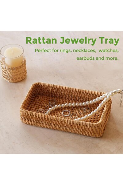 AZONEE Small Rectangular Woven Rattan Serving Tray - Natural Beige (1 Piece)