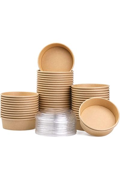 Generic Fniiva 50 Pack 17 oz Paper Bowls with Lids - Disposable Salad Bowls for Diet Salad, Ice Cream, Yogu