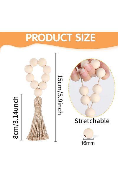 Generic 6 Pieces Wooden Bead Napkin Rings, Farmhouse Stretchable Napkin Rings with Tassel Boho Napkin Rings