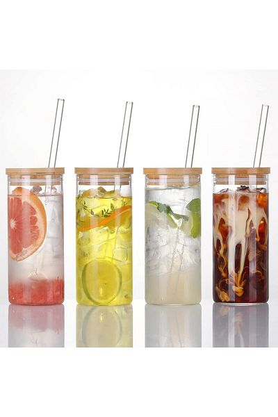 Generic 4 Set 20 OZ Drinking Glasses with Bamboo Lids and Straws, Borosilicate Glass Tumbler Cups - Tall Cl
