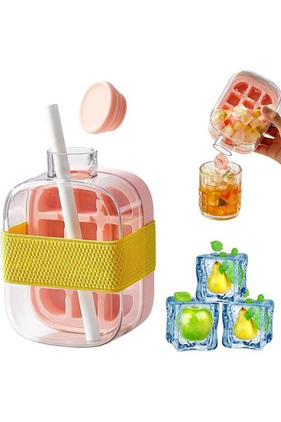 Generic Ice Cube Bottle, 2 in 1 Zero Touch Press Ice Cube Mold Water Bottle with Lid and Bin, Ice Bottle Cu