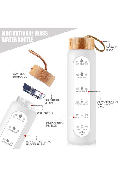 Generic Arabest Glass Water Bottle, 32 Oz Borosilicate Glass Water Bottle with Time Marker, Leak Proof BPA