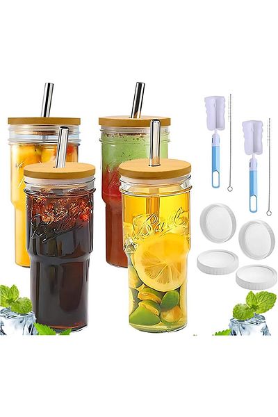 Generic Gluckluz Glass Cup with Straw Set 4pcs Set, 650ml Drinking Glass Kit with 2 Kinds Lids Stainless St