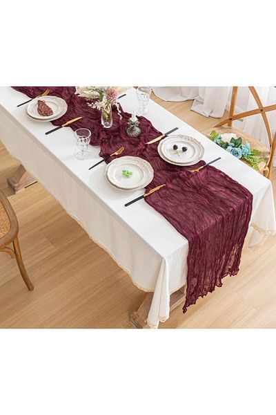 Generic Rustic Cheesecloth Table Runner, 90x300cm, Burgundy, Vintage Gauze for Wedding Reception and Events