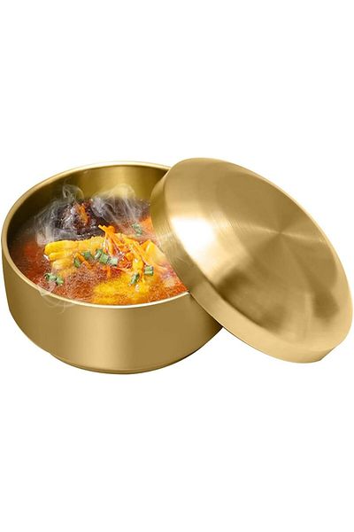 Generic SYOSI Stainless Steel Rice Bowl with Lid, for Korean Kitchen Restaurant, Double-walled Metal Bowls,