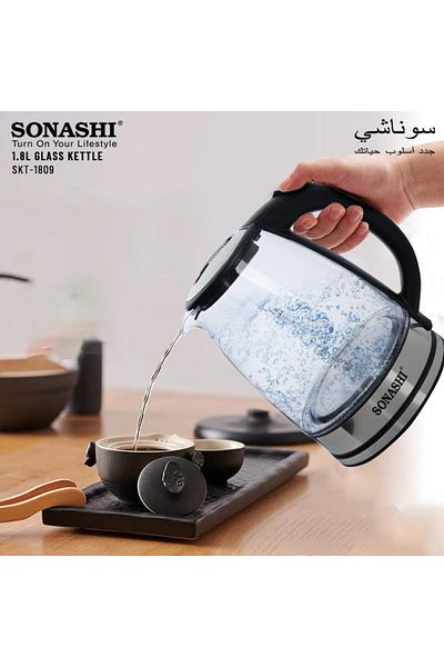 sonashi غلاية لاسلكية سعة ١.٨ لتر - غلاية زجاجية بغطاء قفل أمان | قاعدة دوارة ٣٦٠ درجة - إيقاف تشغيل تلقائي