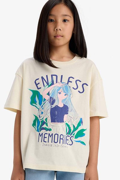 DeFacto Girl's Oversize Wide Fit Crew Neck Printed Short Sleeve T-Shirt E0356A825Sm
