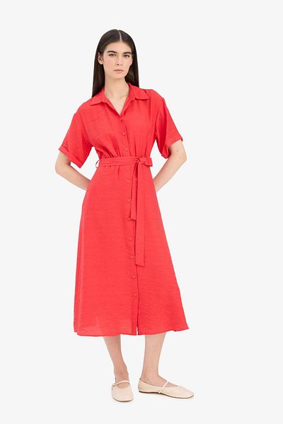 DeFacto Kurzärmliges rotes Midi-Sommerkleid mit Hemdkragen und Gürtel F2113ax25sm