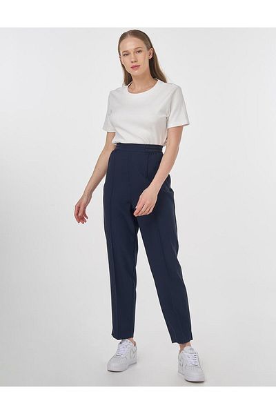 Kayra Grass Stitched High Waist Trousers Dark Navy Blue