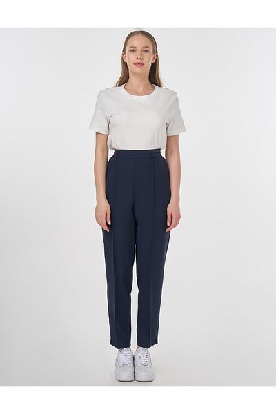 Kayra Grass Stitched High Waist Trousers Dark Navy Blue