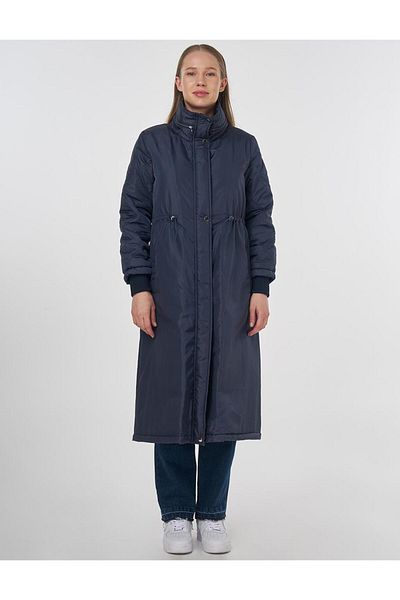 Kayra Waist Drawstring Quilted Mixed Anorak Coat Dark Navy Blue