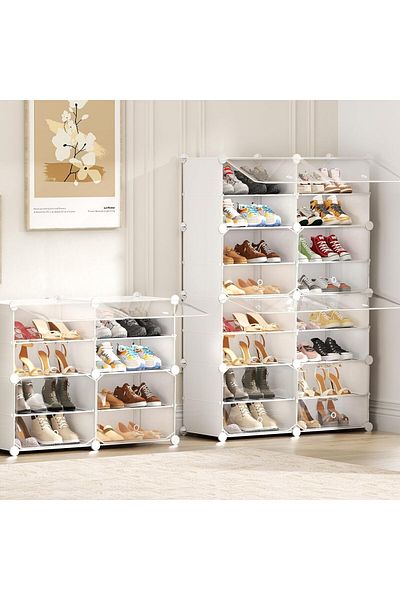 Generic Shoe Rack Organizer, 32 Pair Shoe Storage Cabinet with Door Expandable Plastic Shoe Shelves for Clo
