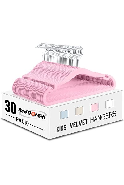 Red Dot Gift ® عبوة من 30 علاقة ملابس مخملية للأطفال، 30 سم، وردي