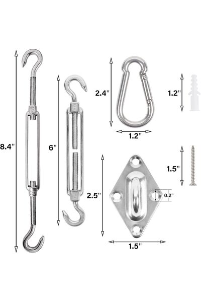Generic 6-inch Shade Sail Hardware Kit for Rectangular & Triangular Sails, Yofit, 80-piece, 304 Stainless St