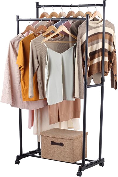 Lawazim Clothes Hanger Double Rail - Black Steel Rack with Wheels & Bottom Shelf