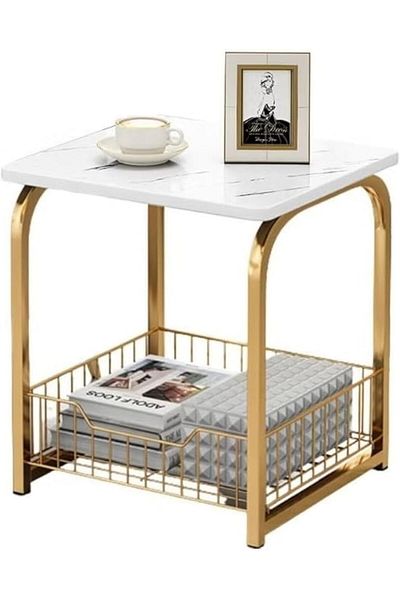 Generic AGD Modern Side Table with Storage Basket, Marble Sofa Side Table for Living Room