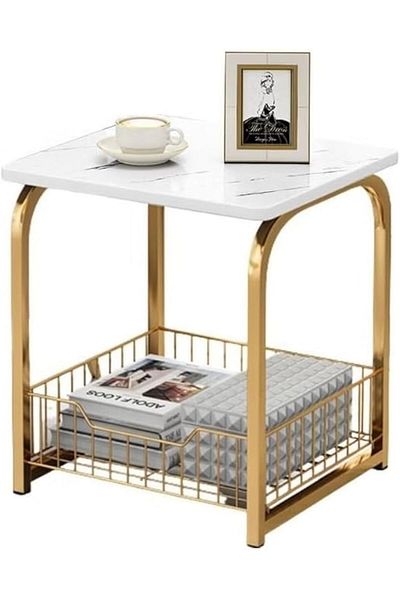 Generic AGD Modern Side Table with Storage Basket, Marble Sofa Side Table for Living Room White/Gold