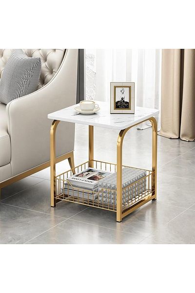 AGD Luxury Faux Marble Coffee Table with Gold Frame Double Layer Multipurpose Side Table Snack Drink