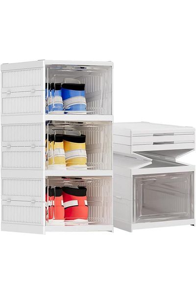 Generic Pecbase Foldable Shoe Rack Collapsible Storage Box, Free Standing Bins Stackable Plastic Tote with