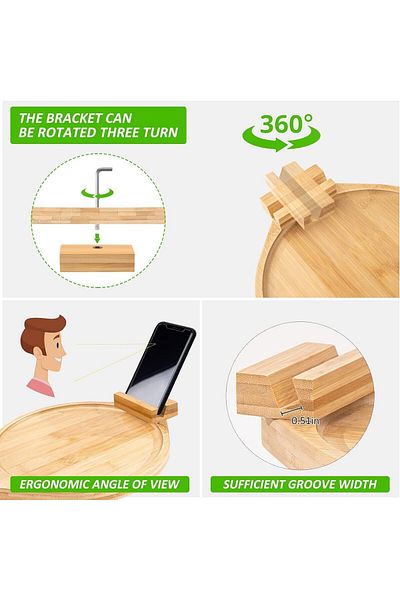 Generic ABIN Bamboo Sofa Tray Table Clip on Side Table Couch Arm with 360° Rotating Phone Holder, Couch Tra