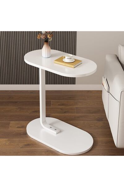 Generic 4-Pieces Modern Coffee Table | C-Shaped Side Table with White Wood Top and White Metal Frame