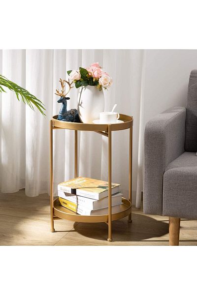 Generic TRASSLE Round Side Table Gold End Table, 2-Tier Metal Tray Snack Table Coffee Table Tea Table Night
