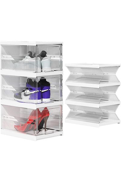 Generic Andgogo Shoe Storage Box,3 Tier Clear Plastic Stackable Shoe Organizer for Closet,Foldable Shoe Box