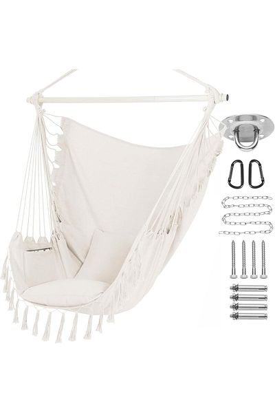 Generic TRASSLE Hanging Hammock Chair with Tassel, Bedroom Swing Chair, Max 500 Lbs, Indoor Outdoor, 2 Cush