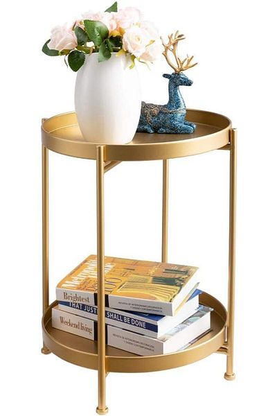 Generic TRASSLE Round Side Table Gold End Table, 2-Tier Metal Tray Snack Table Coffee Table Tea Table Night