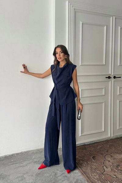 nedo7 Modal Sleeveless Bluz Off Pocket Detail Drape - Pants Suit - Navy Blue