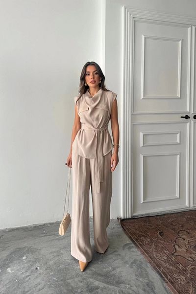 nedo7 Modal Sleeveless Bluz Off Pocket Detail Drape - Pants Suit - Beige
