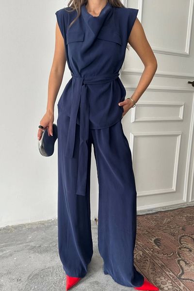 nedo7 Modal Sleeveless Bluz Off Pocket Detail Drape - Pants Suit - Navy Blue
