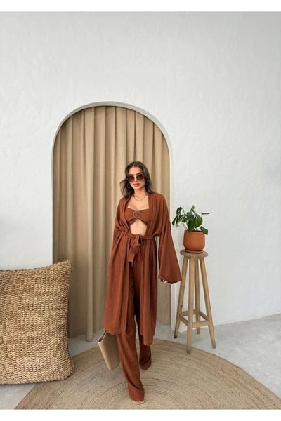 nedo7 Krinkill Bustier-Pant-Kimono Suit - Brown