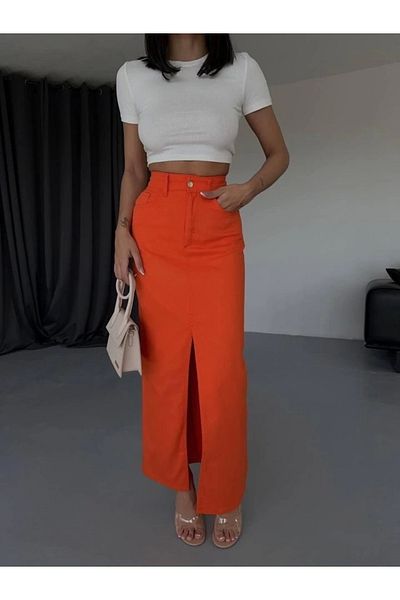nedo7 Gabardine Long Slit Skirt - Orange