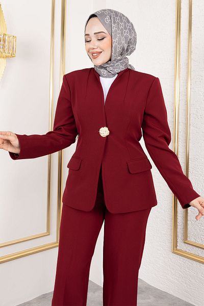 Tesettür Dünyası Μπουφάν Blazer με χρυσό κουμπί TSD250175 Claret Red