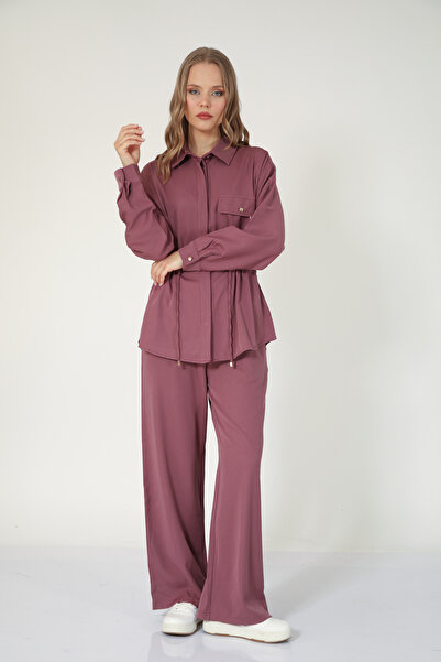 Suede Style 5728 - Stylish Comfortable Waist Rope Drawstring Detailed Shirt-Pants Women's Set
