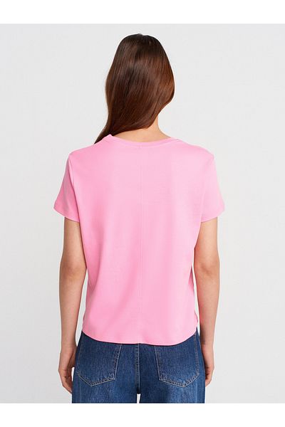 Dilvin 31757 Crew Neck Stitching Detailed T-Shirt-Pink