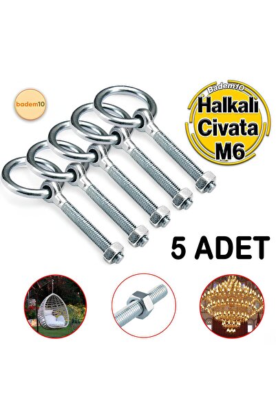 Badem10 M6 Somunlu 5 li Delikli Halka Metal Paslanmaz Civata Sabitleme Çekme Kaldırma Tavan Kancası Asma Kit