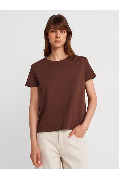 Dilvin 31757 Crew Neck Stitching Detailed T-Shirt-Light Brown