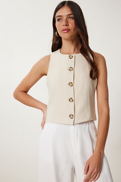 Lovelyİstanbul Buttoned Woven Vest Beige Lhc0017