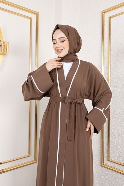 Tesettür Dünyası Abaya με λεπτομέρεια με κουμπωτό σάλι TSD250174 Καφέ