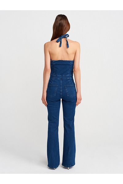 Dilvin 72011 Salopetă din denim lycra cu gât cu capăt-albastru