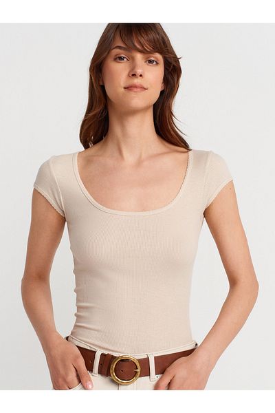Dilvin 31807 Crew Neck Corded T-Shirt-Beige